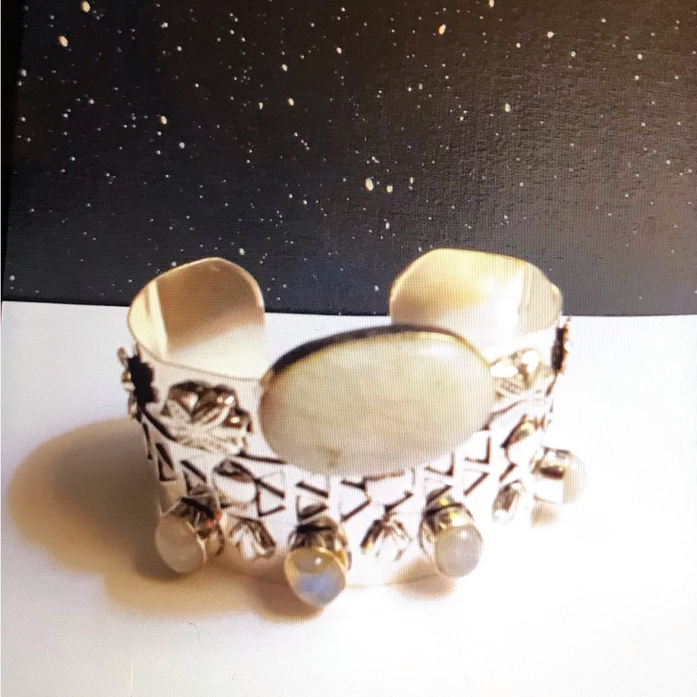Moonstone Stamped Solid 925 Sterling Silver Cuff Bracelet